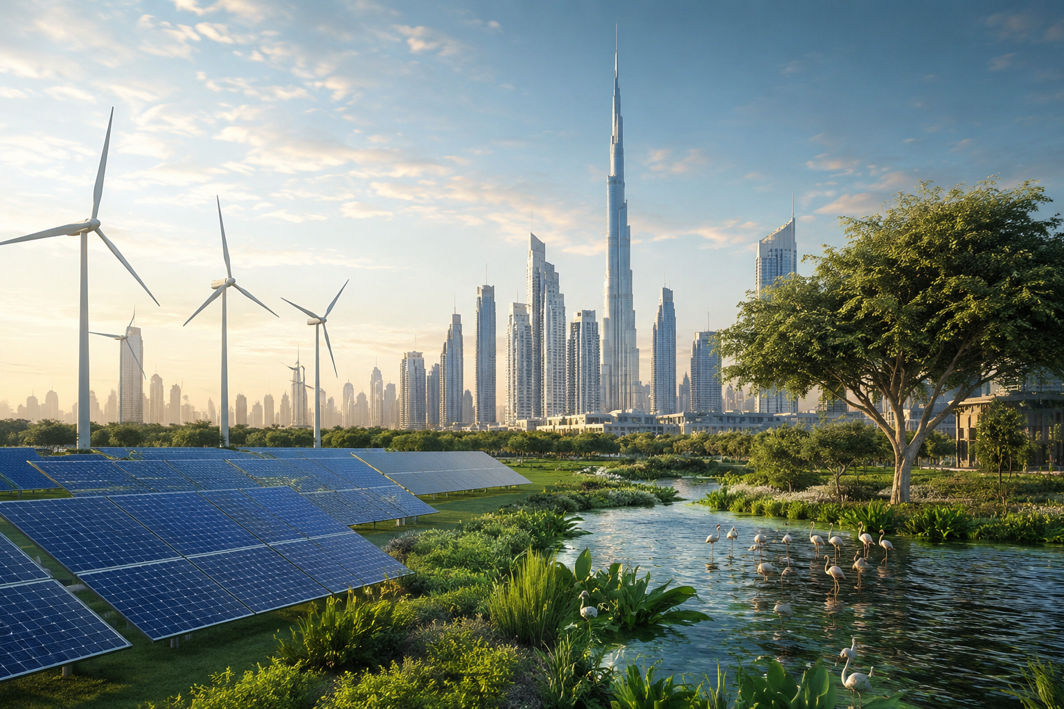 Dubai’s Sustainability Transformation: ESG, Biodiversity, and Sustainable Development Strategies  Analyze properly and give one relevant and formal image without any text or logo